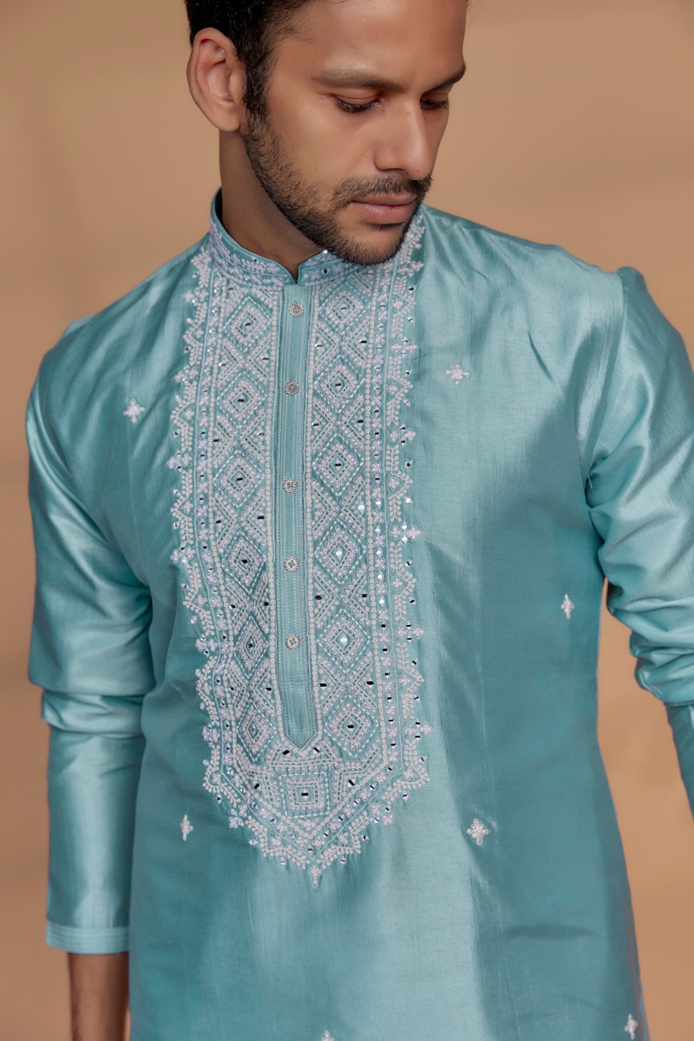 Firozi Blue Banarasi Silk Thread Embroidered Kurta Set