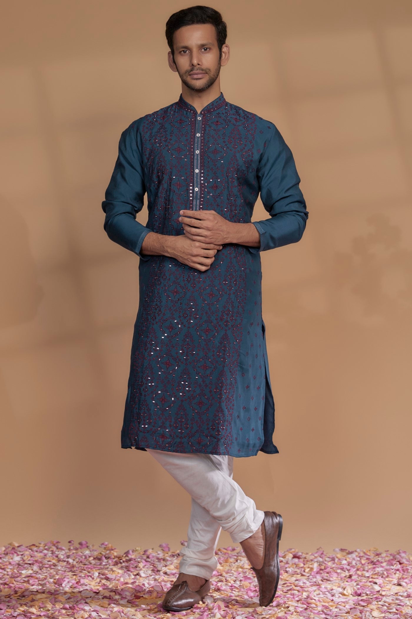 Peacock Blue Silk Thread Embroidered Kurta Set