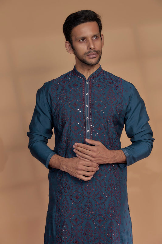 Peacock Blue Silk Thread Embroidered Kurta Set