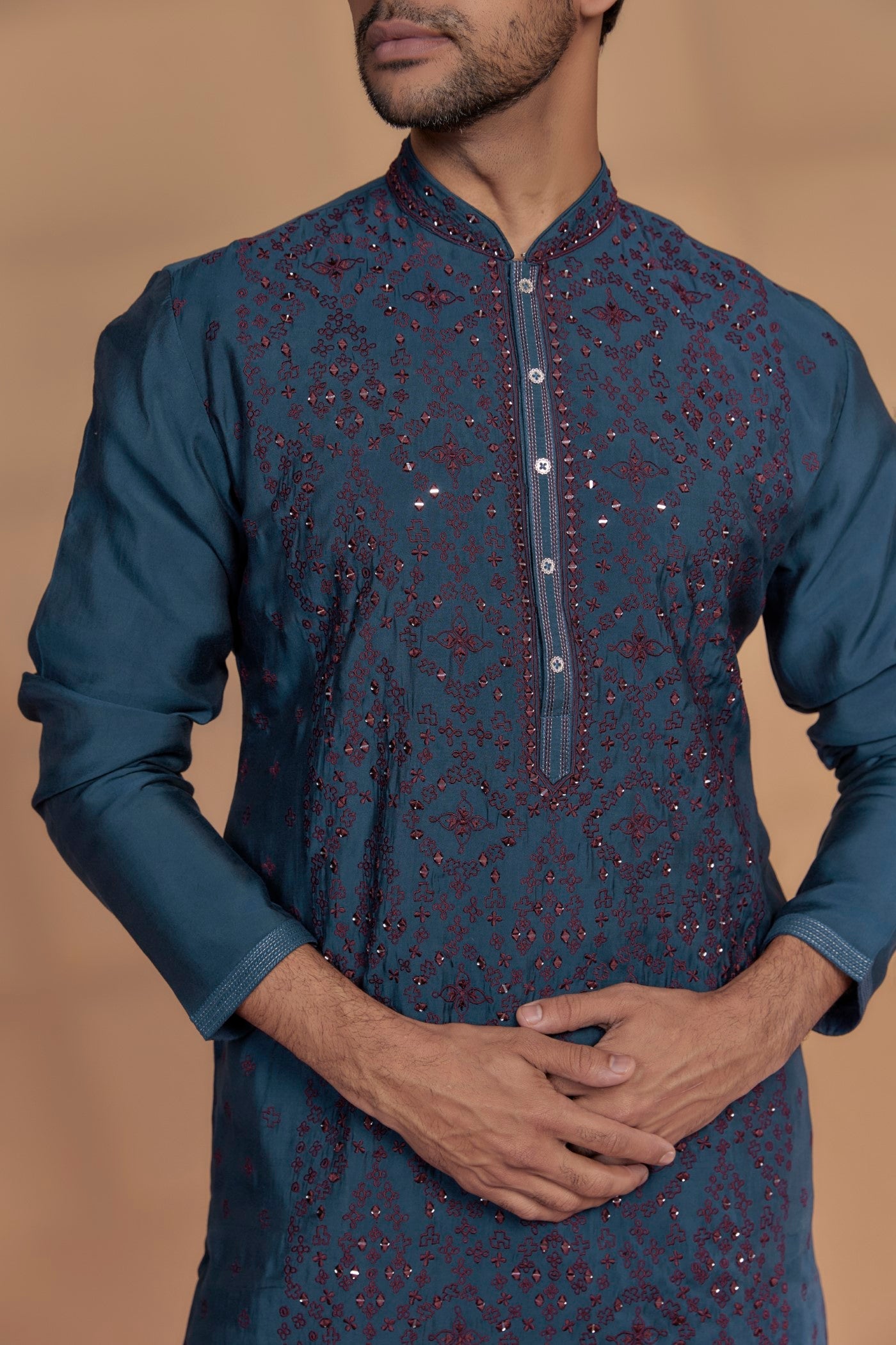 Peacock Blue Silk Thread Embroidered Kurta Set