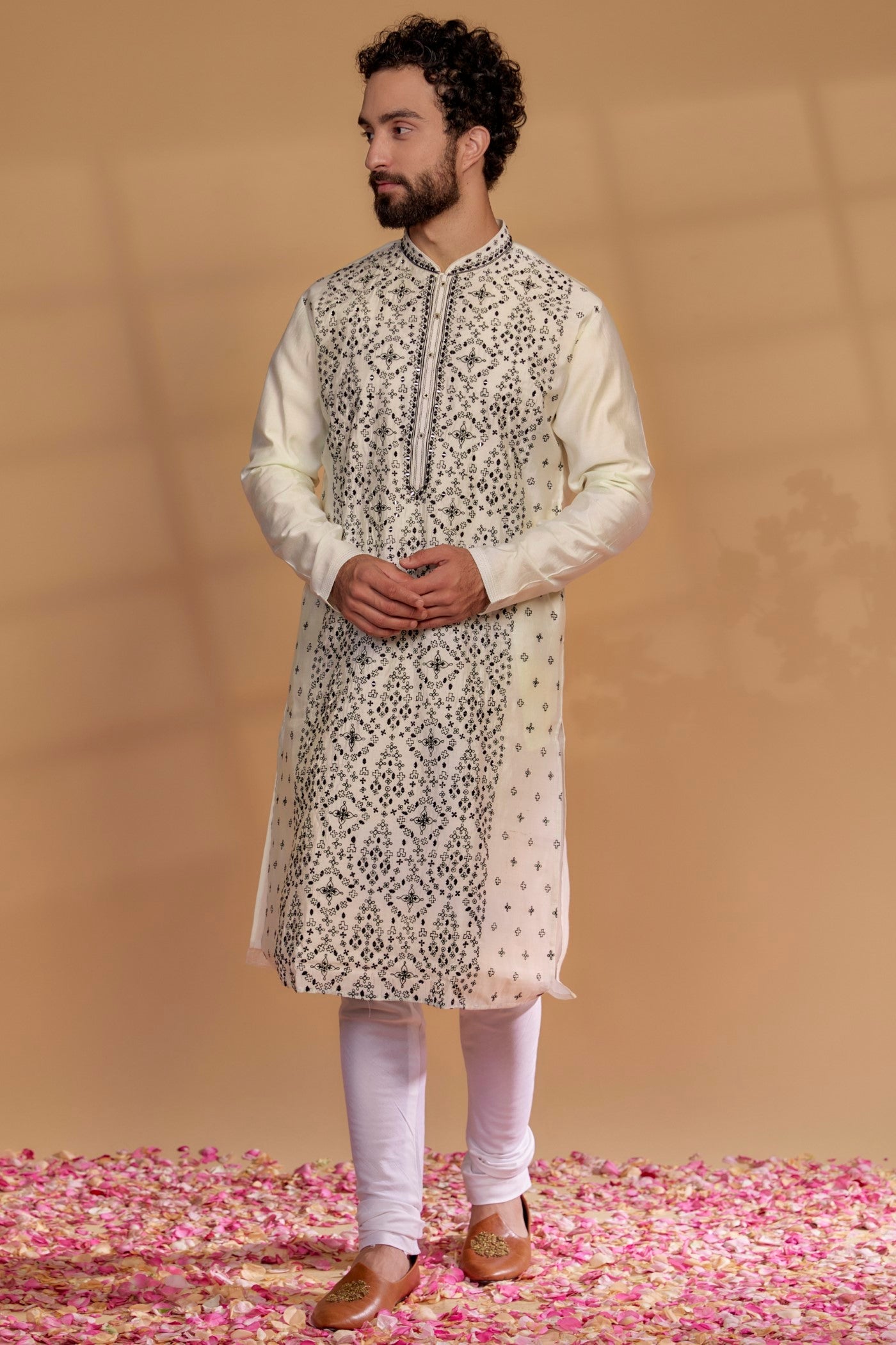 Pearl White Silk Mirror Embroidered Kurta Set