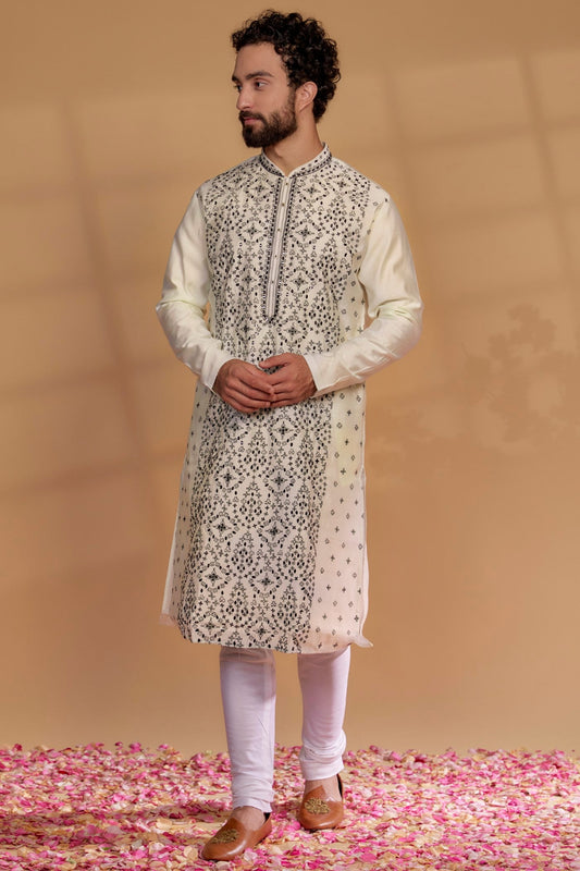 Pearl White Silk Mirror Embroidered Kurta Set