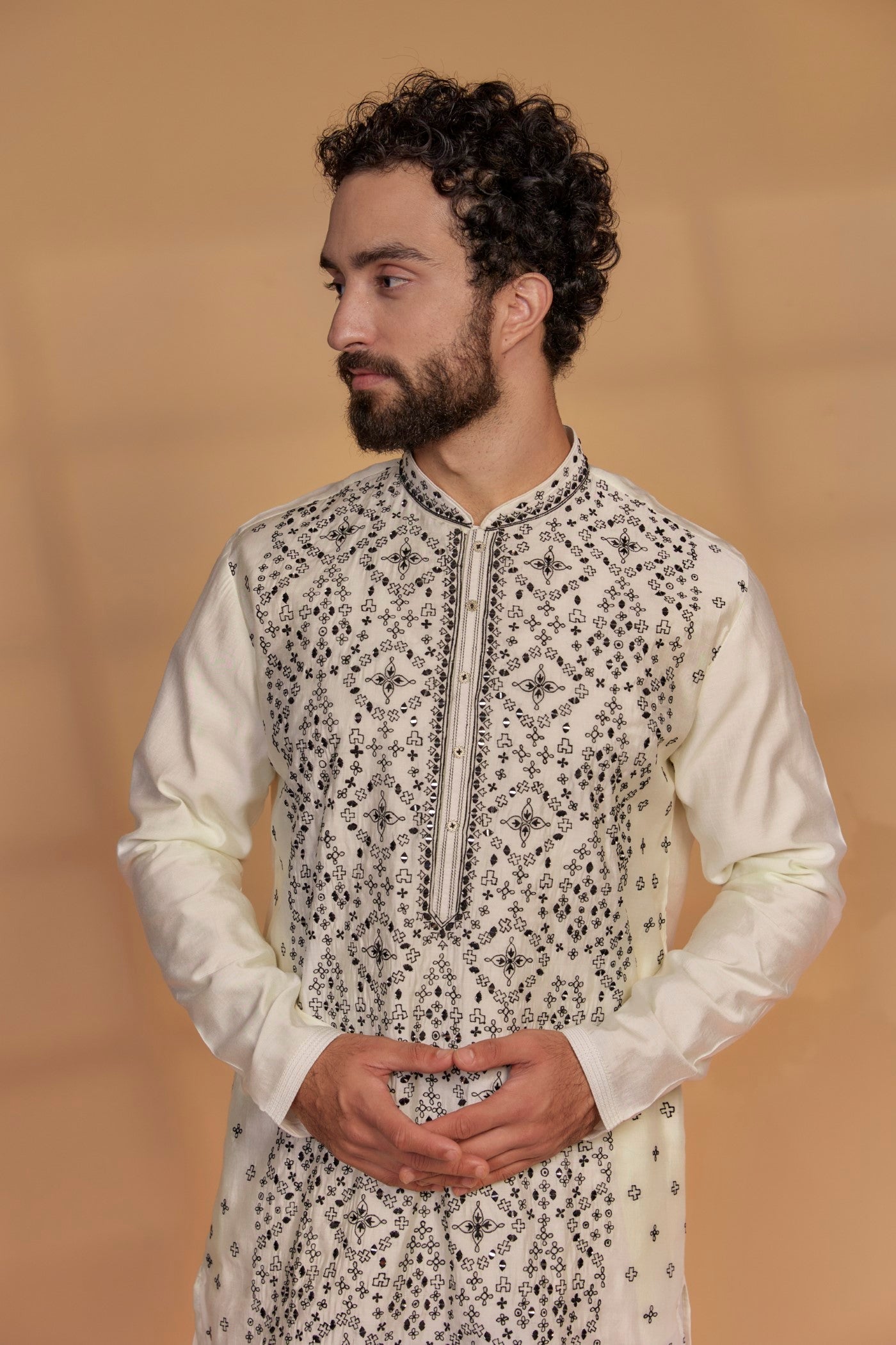 Pearl White Silk Mirror Embroidered Kurta Set