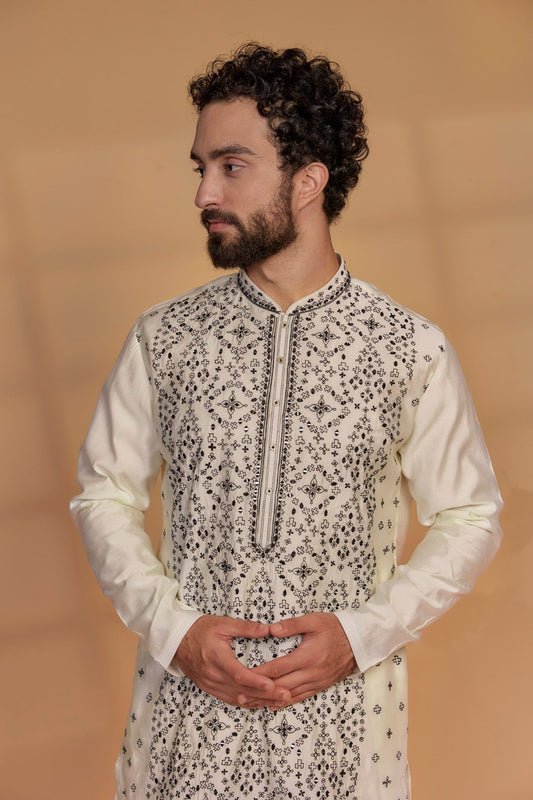 Pearl White Silk Mirror Embroidered Kurta Set