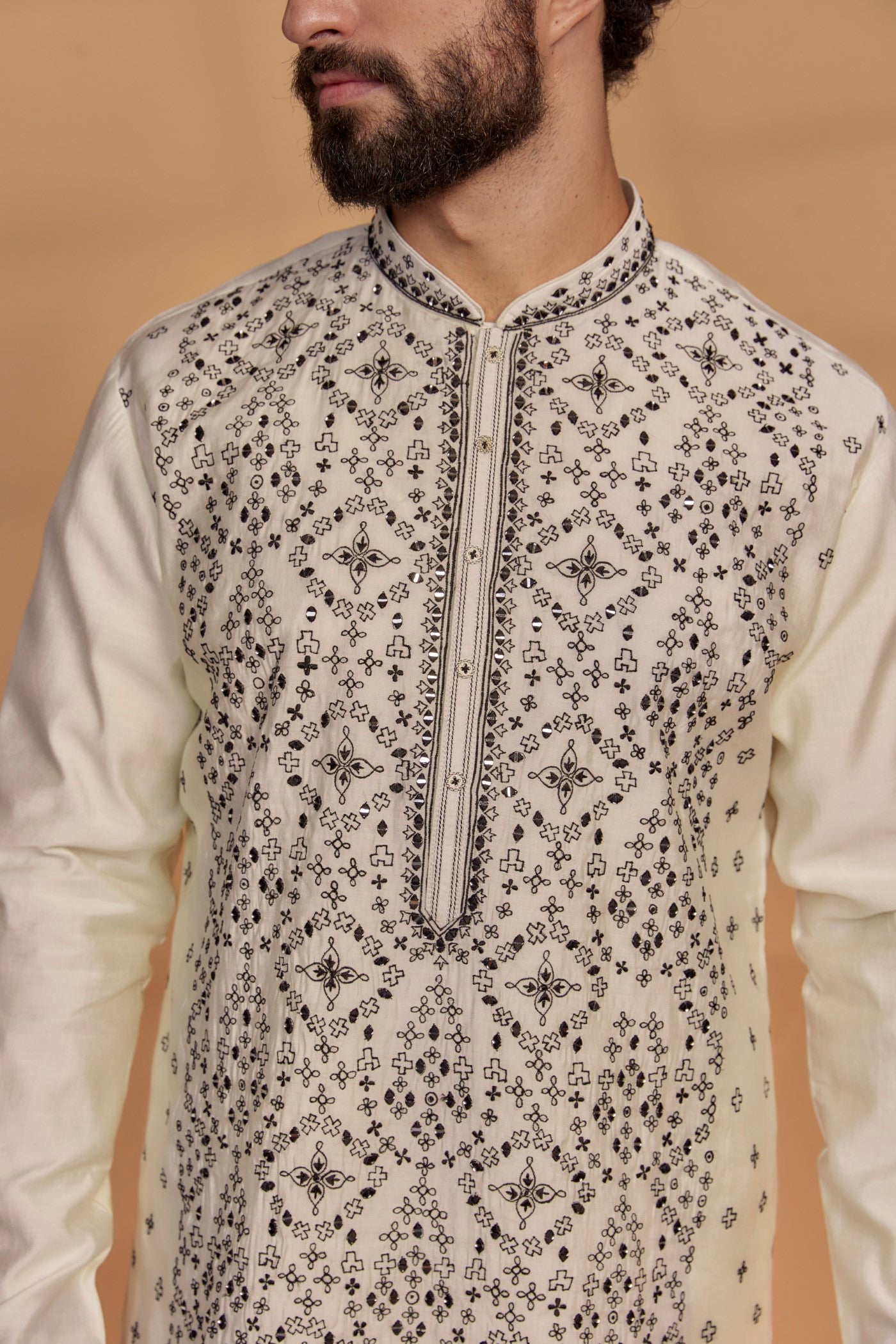 Pearl White Silk Mirror Embroidered Kurta Set