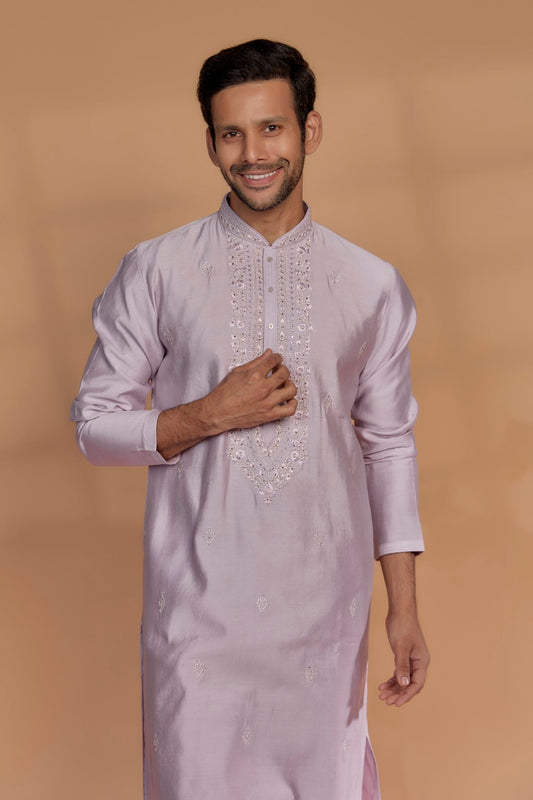 Light Orchid Banarasi Silk Mirror Embellished Kurta Set