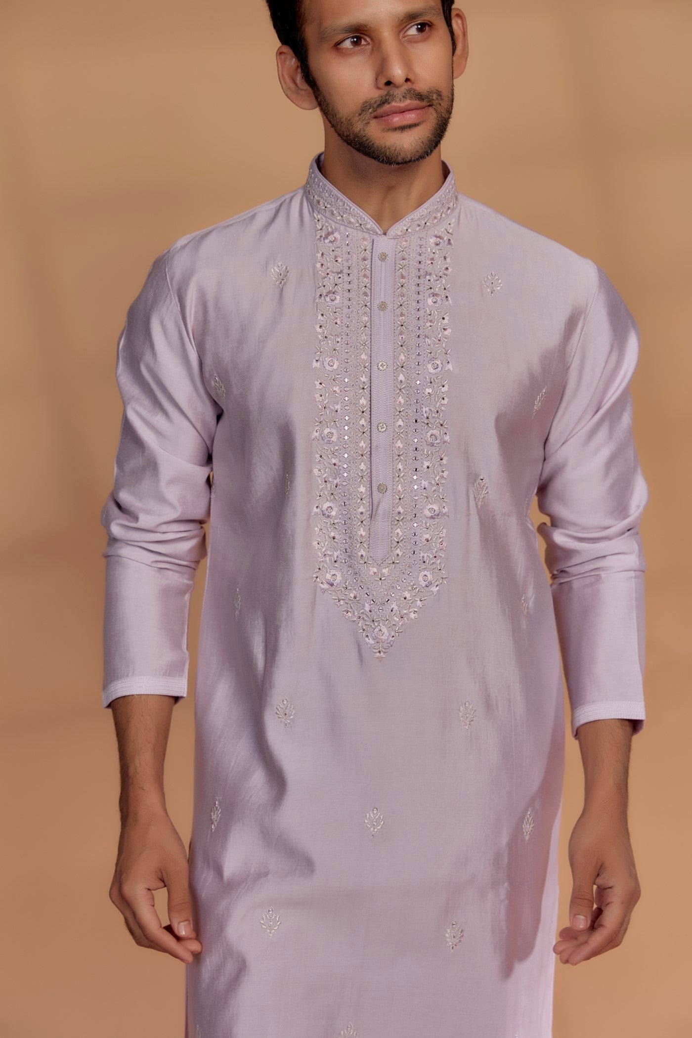 Light Orchid Banarasi Silk Mirror Embellished Kurta Set