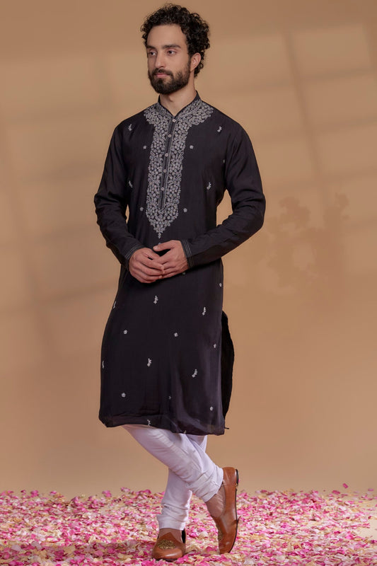 Onyx Black Art Silk Thread Embroidered Kurta Set