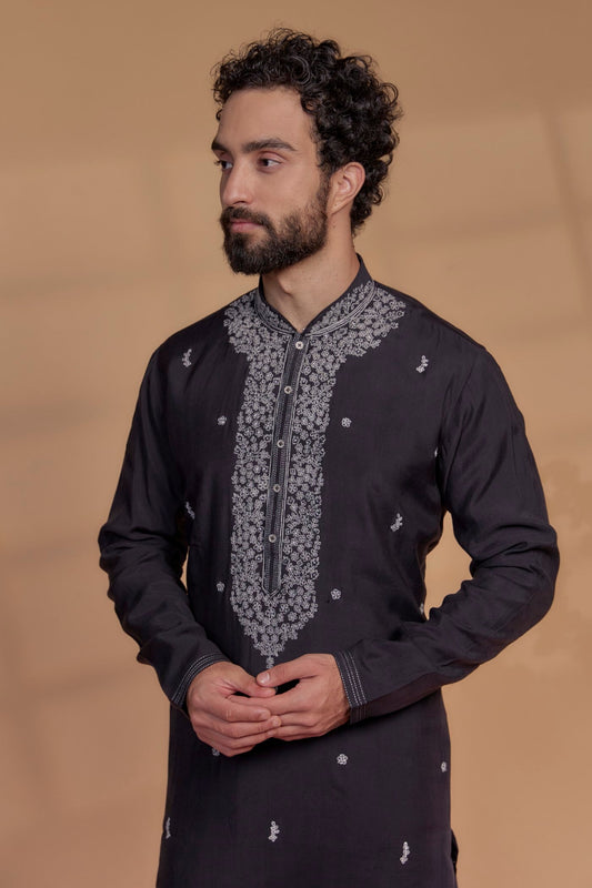 Onyx Black Art Silk Thread Embroidered Kurta Set