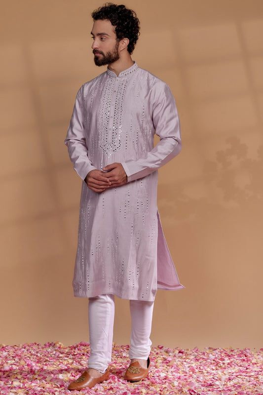 Pastel Pink Banarasi Silk Mirror Embellished Kurta Set