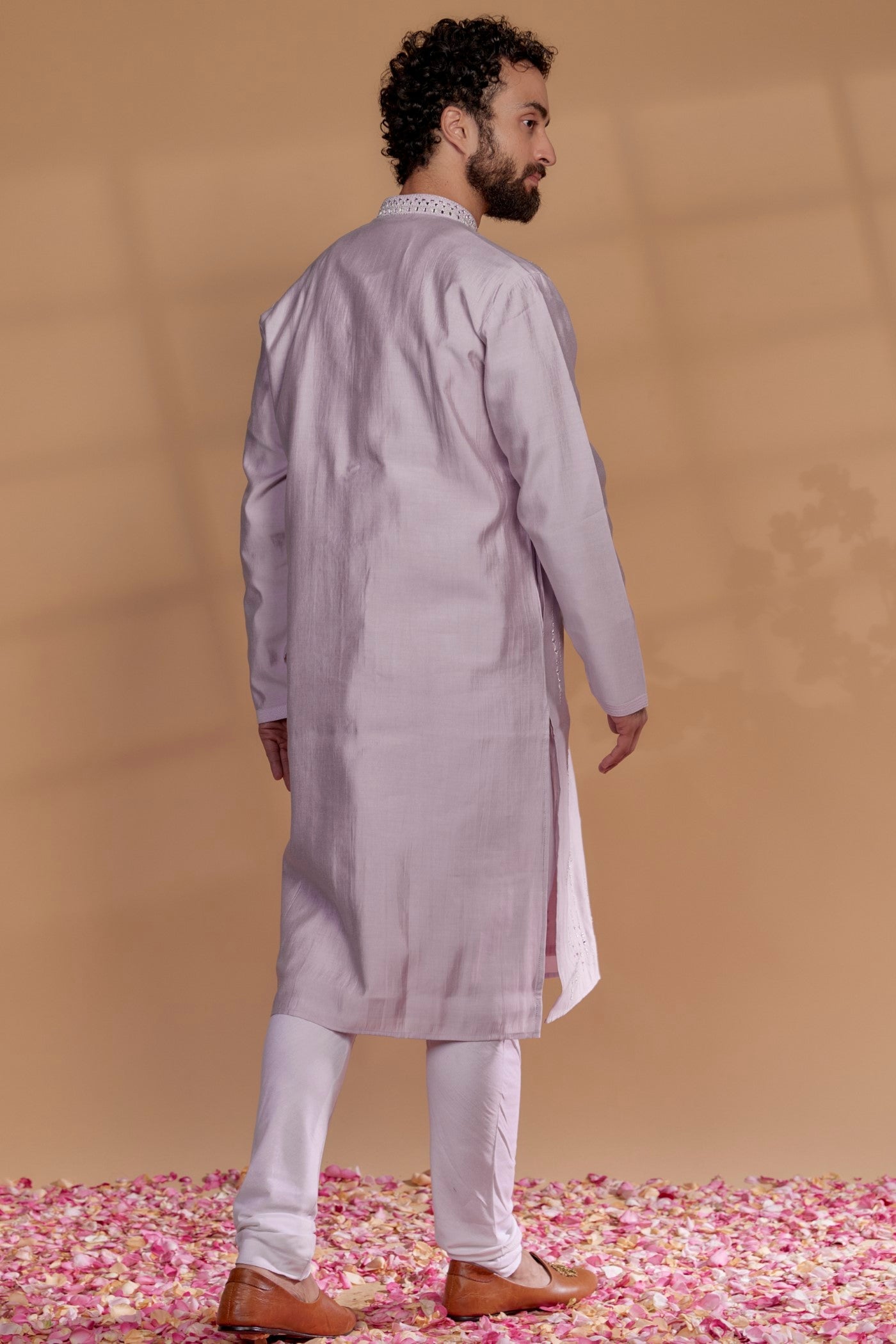 Pastel Pink Banarasi Silk Mirror Embellished Kurta Set
