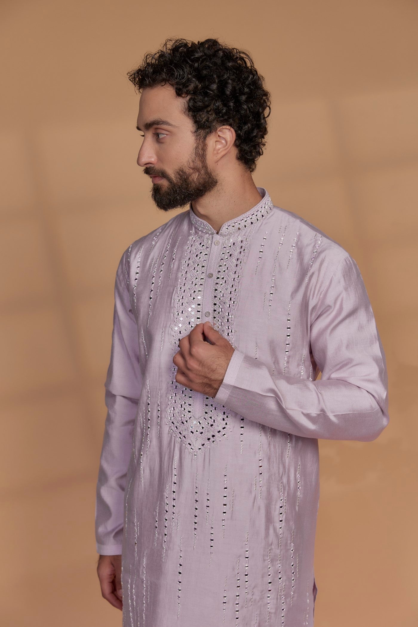 Pastel Pink Banarasi Silk Mirror Embellished Kurta Set