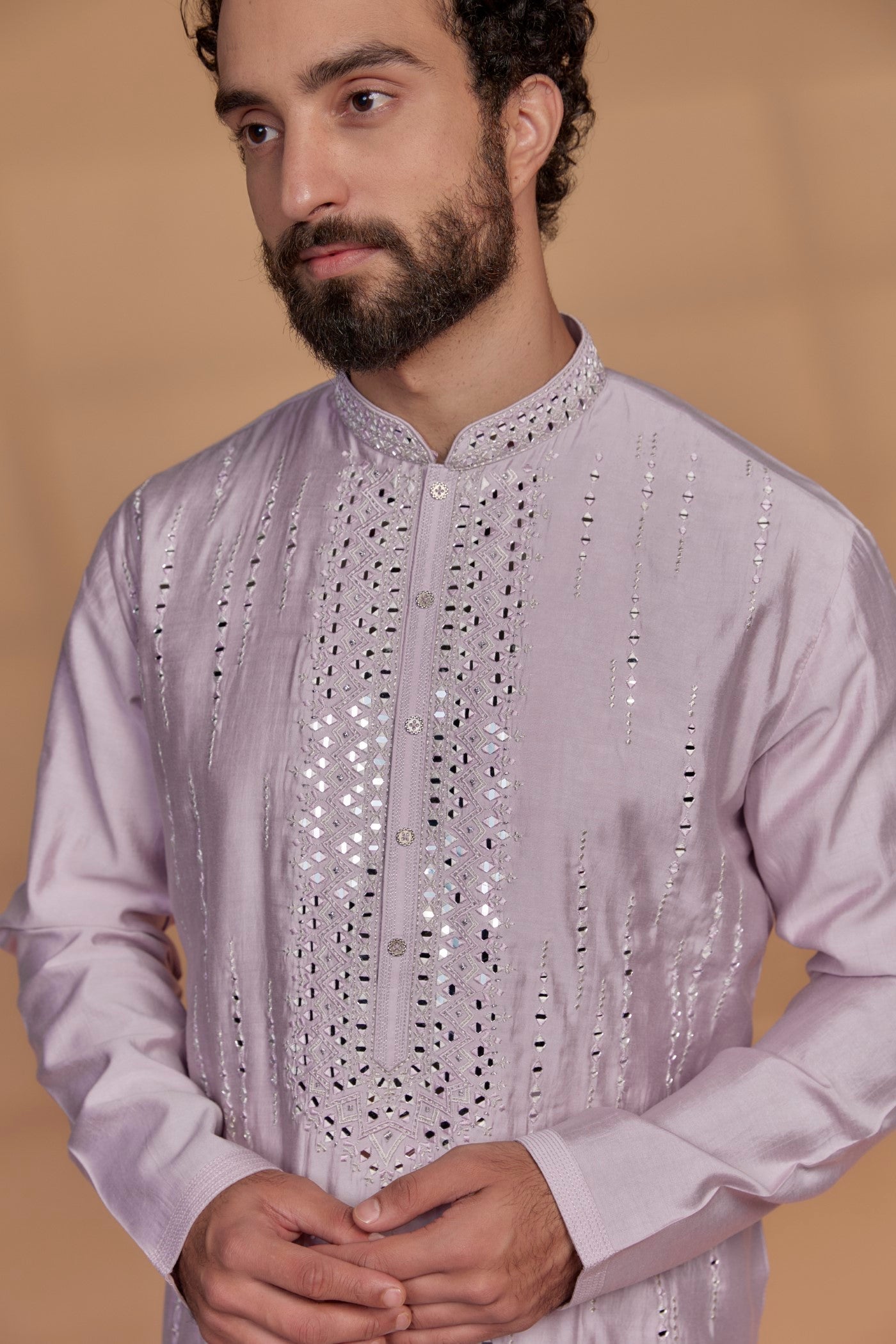 Pastel Pink Banarasi Silk Mirror Embellished Kurta Set