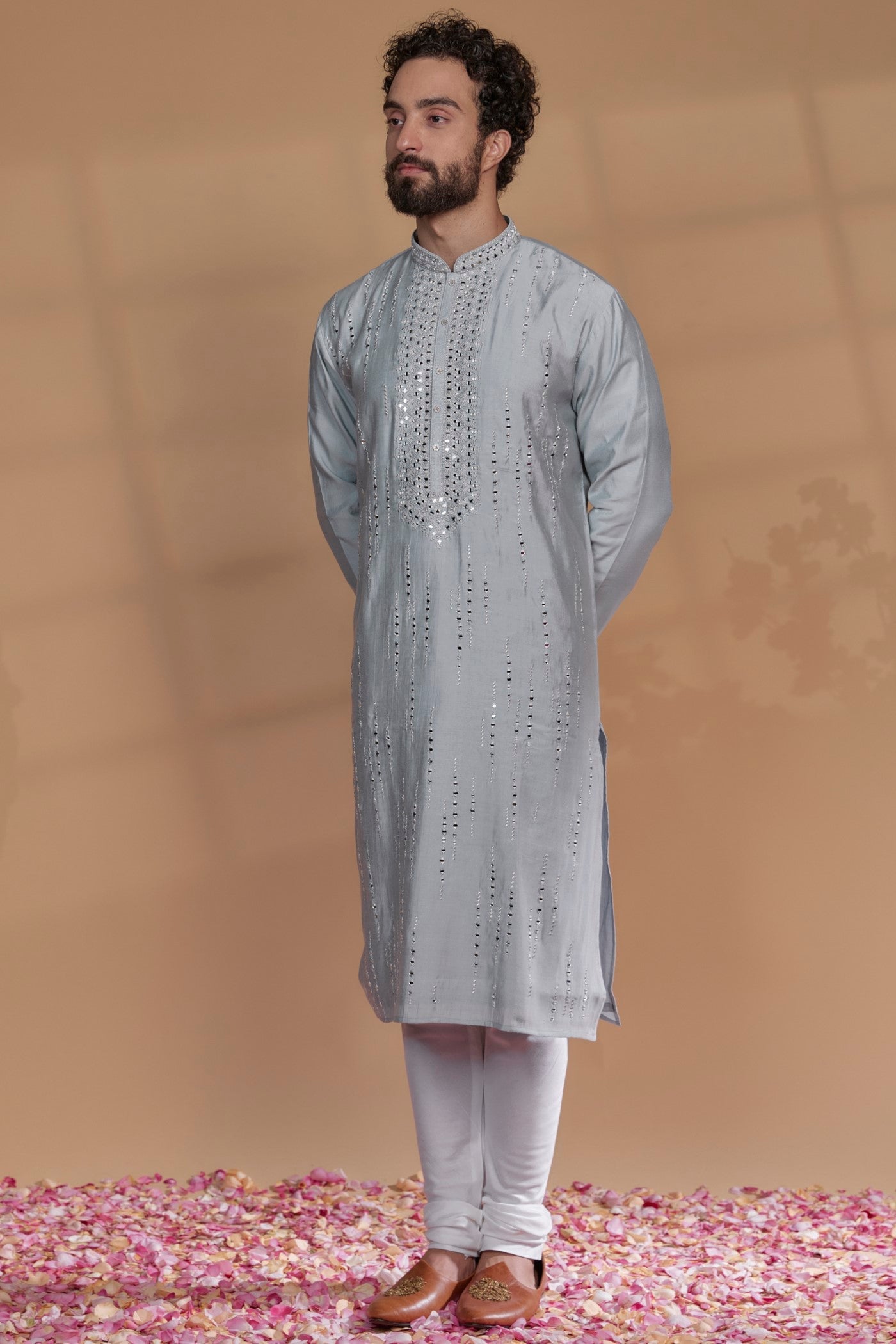 Silver Grey Banarasi Silk Mirror Embellished Kurta Set