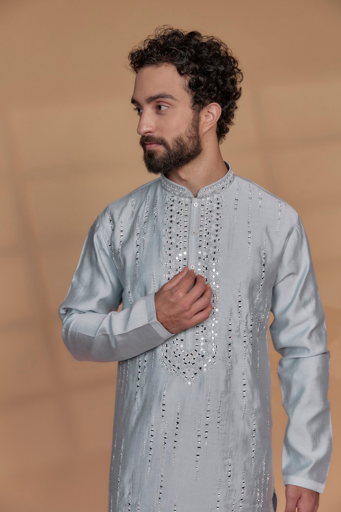 Silver Grey Banarasi Silk Mirror Embellished Kurta Set