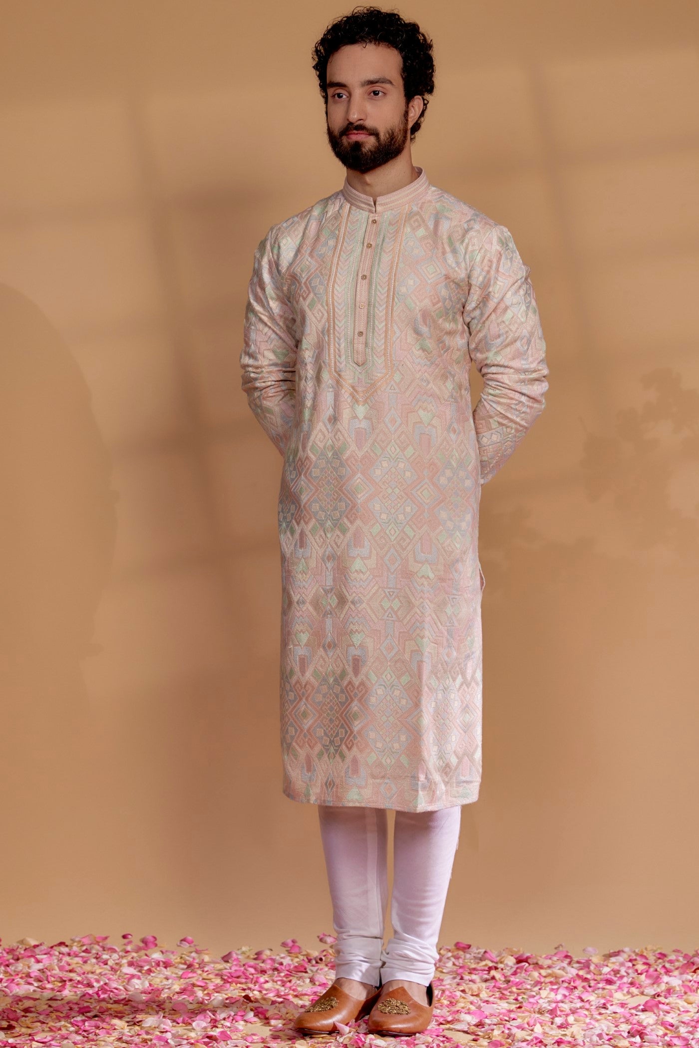 Multi-Colored Banarasi Silk Hand Embroidered Kurta Set