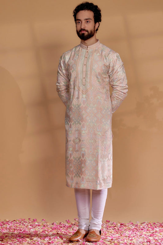 Multi-Colored Banarasi Silk Hand Embroidered Kurta Set