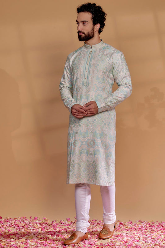 Multi-Colored Banarasi Silk Hand Embroidered Kurta Set