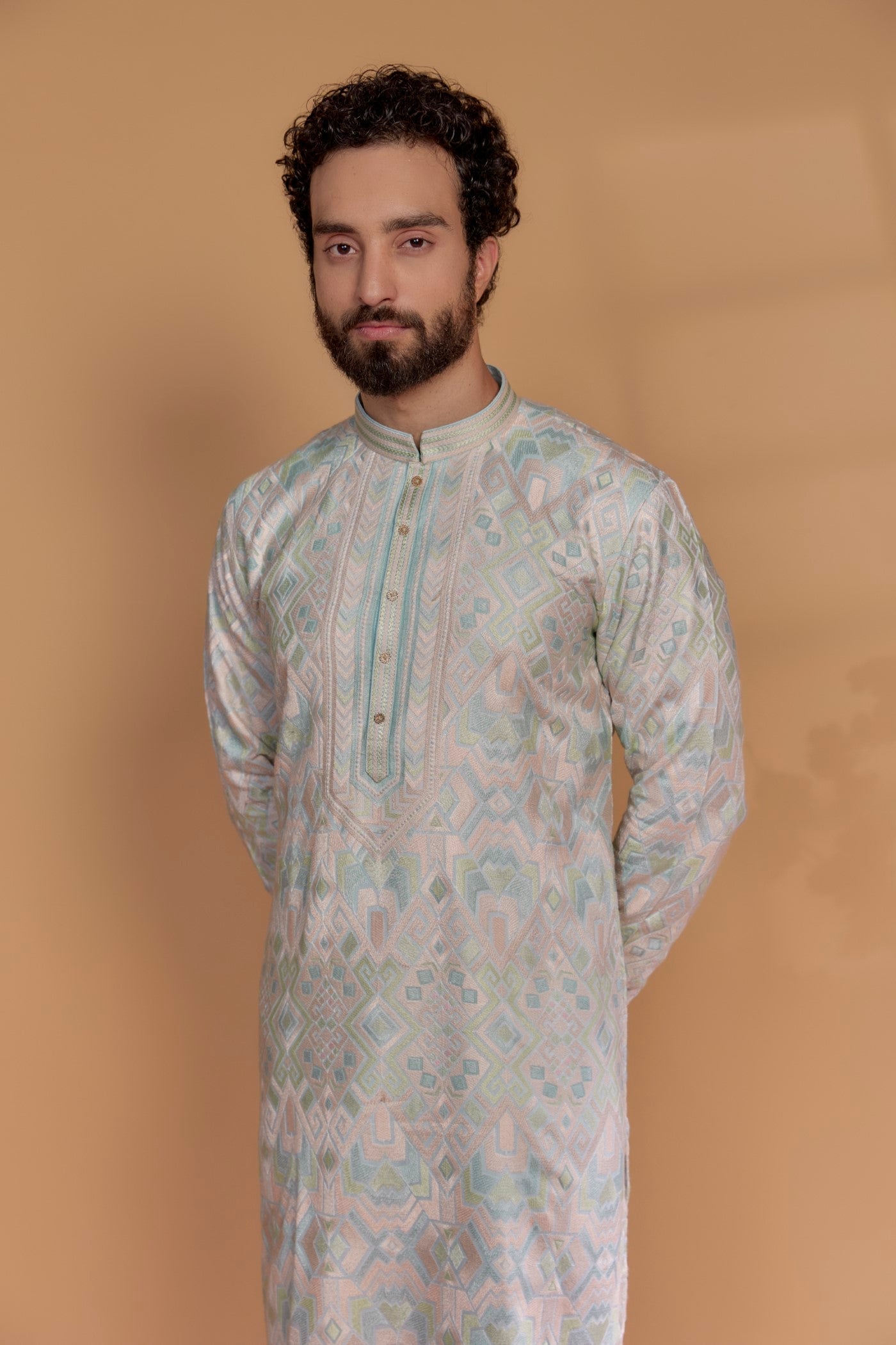 Multi-Colored Banarasi Silk Hand Embroidered Kurta Set