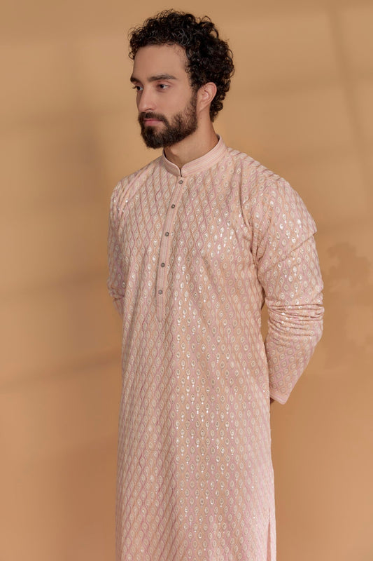Peach Beige Lucknowi Georgette Resham Embroidered Kurta Set