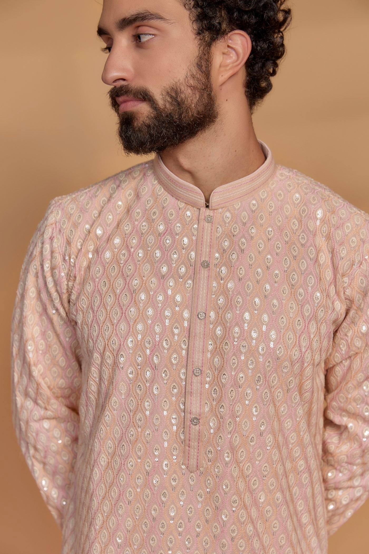 Peach Beige Lucknowi Georgette Resham Embroidered Kurta Set