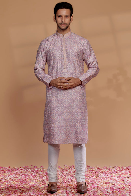 Light Mauve Banarasi Silk Thread Embroidered Kurta Set