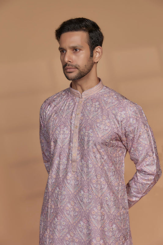 Light Mauve Banarasi Silk Thread Embroidered Kurta Set