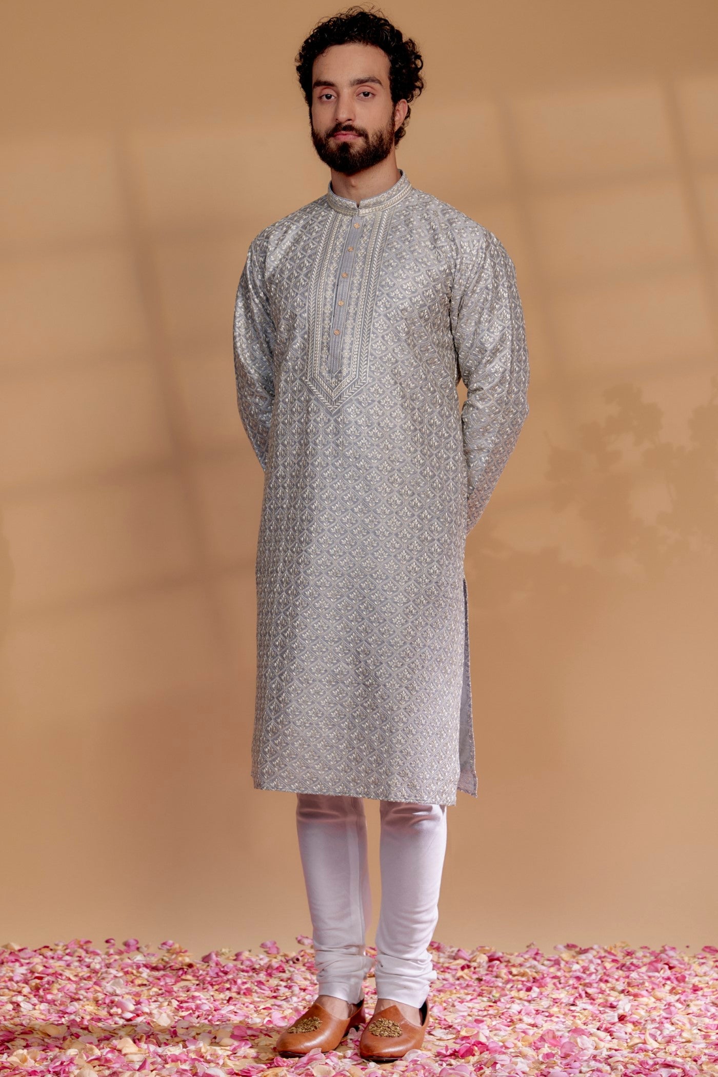 Silver Grey Silk Hand Embroidered Kurta Set