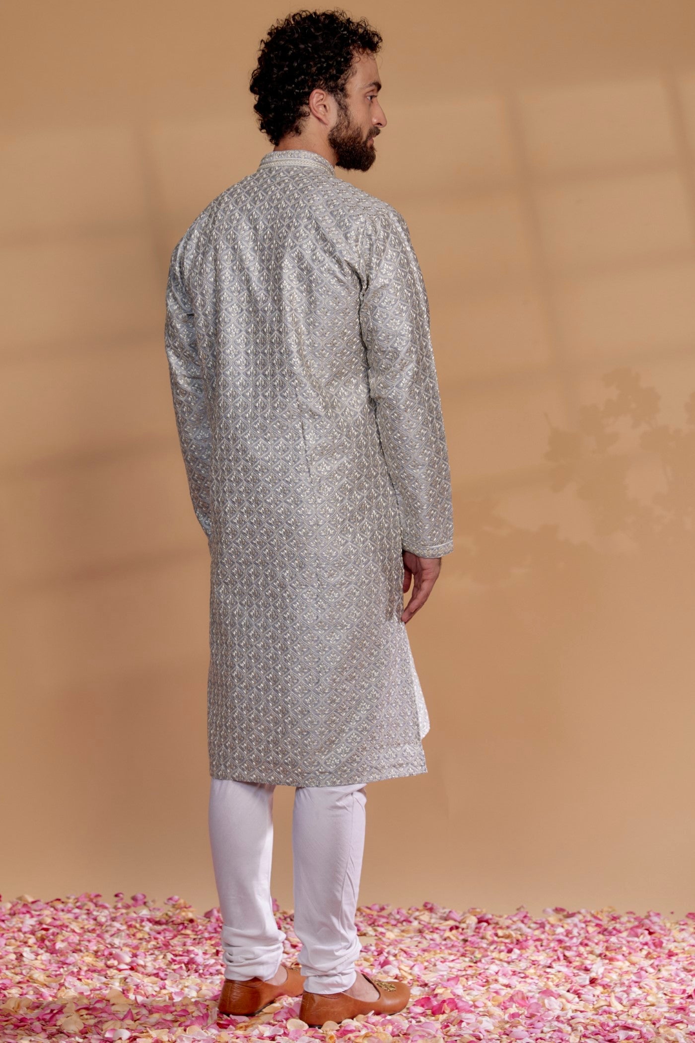 Silver Grey Silk Hand Embroidered Kurta Set