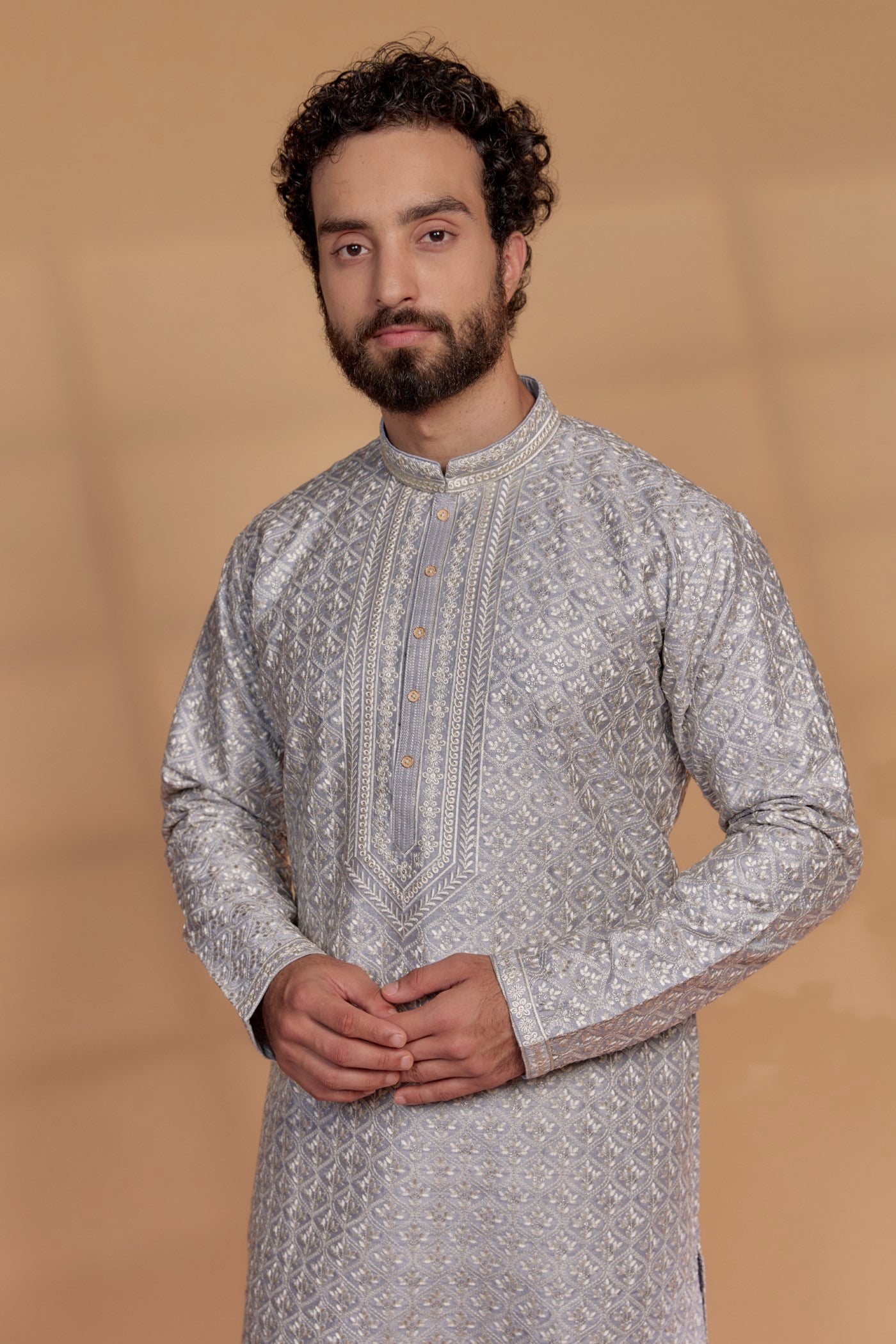 Silver Grey Silk Hand Embroidered Kurta Set