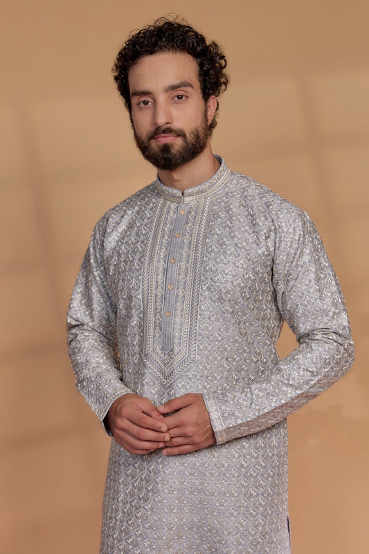 Silver Grey Silk Hand Embroidered Kurta Set