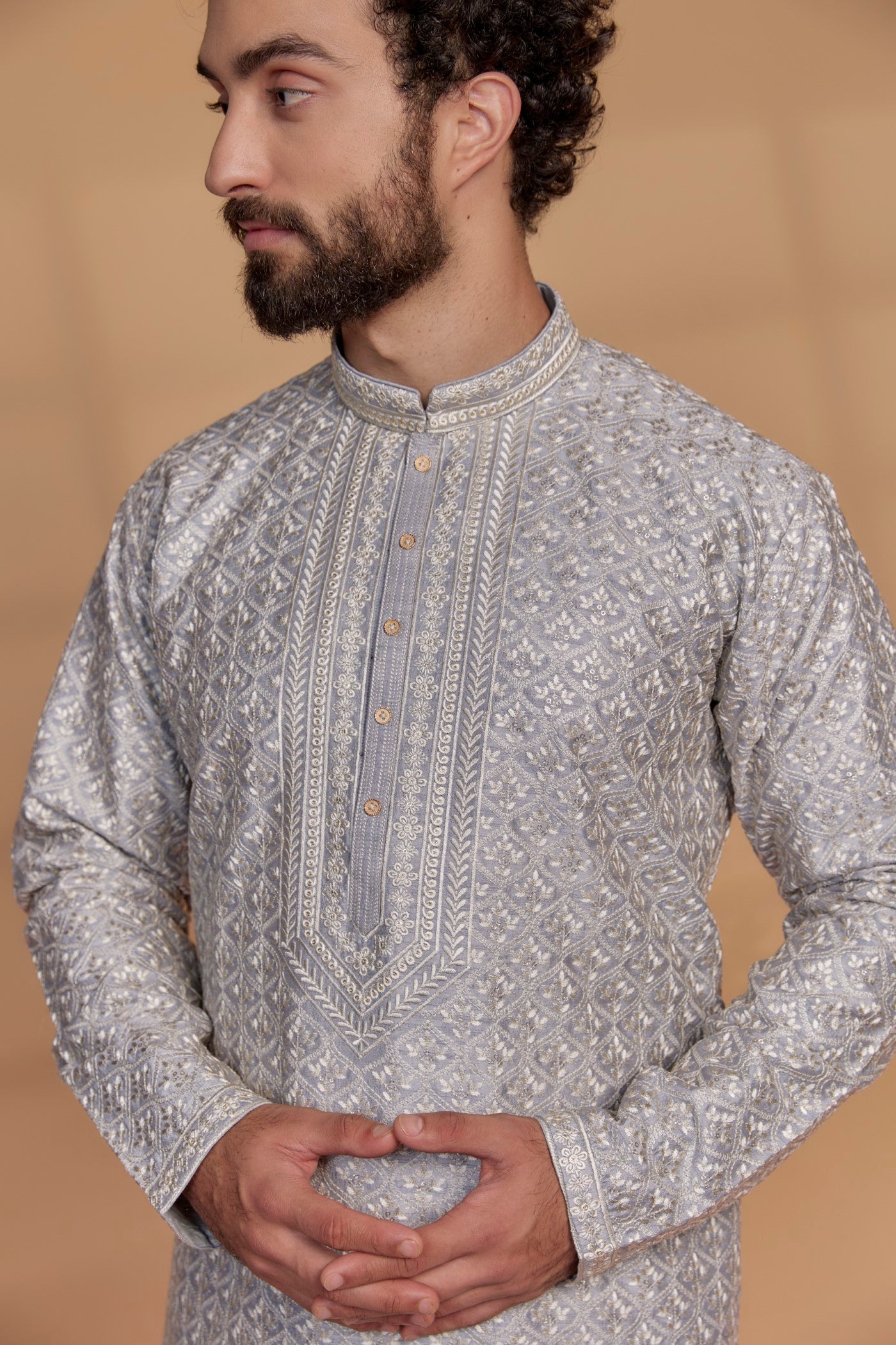 Silver Grey Silk Hand Embroidered Kurta Set