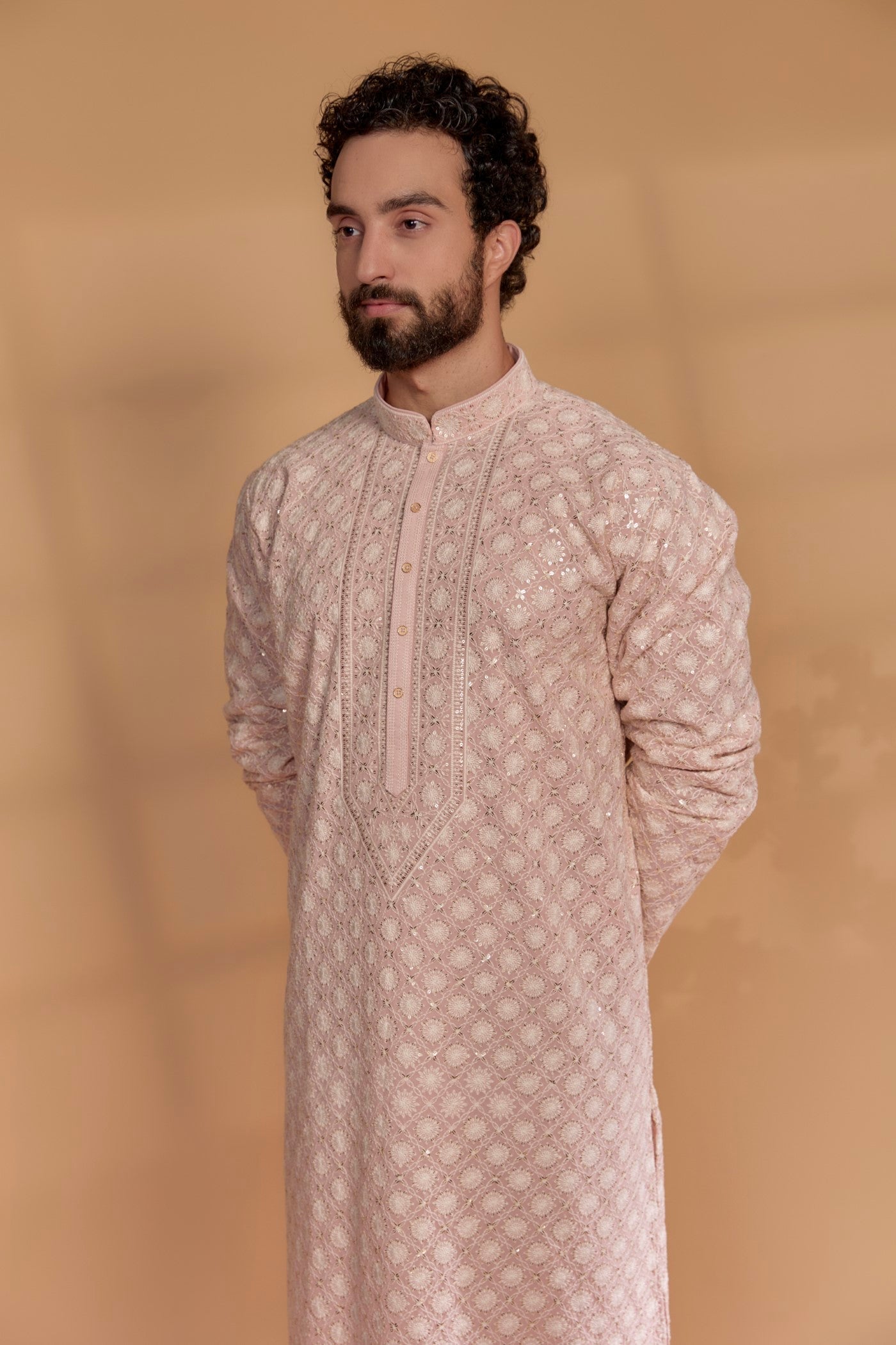 Coral Peach Lucknowi Georgette Hand Embroidered Kurta Set