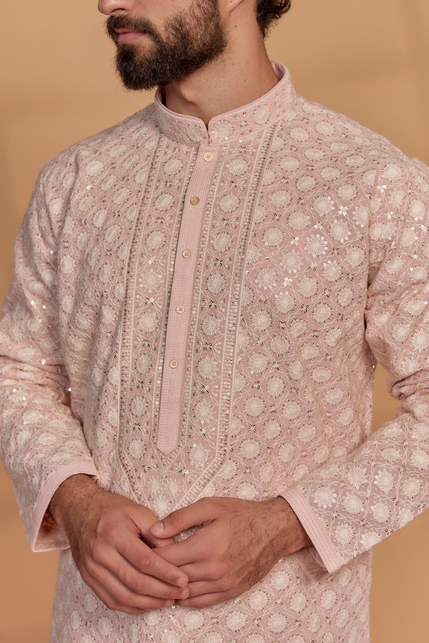 Coral Peach Lucknowi Georgette Hand Embroidered Kurta Set