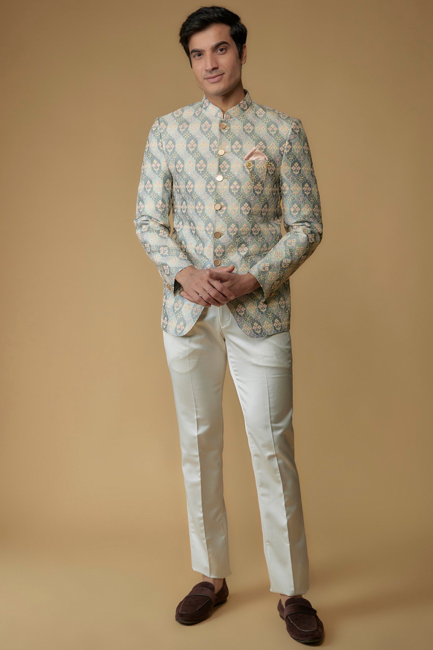 Sky Blue Silk Printed Jodhpuri Bandgala Set