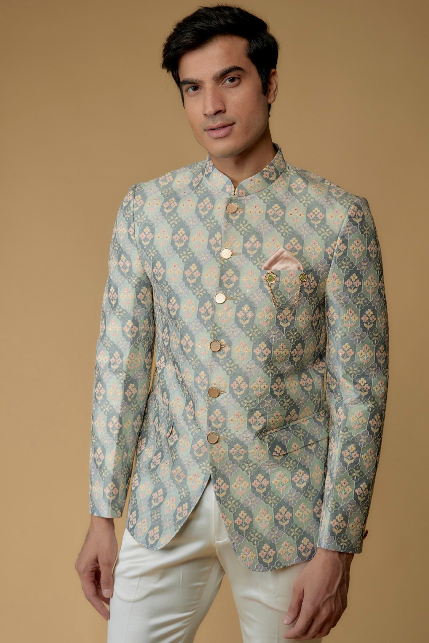 Sky Blue Silk Printed Jodhpuri Bandgala Set