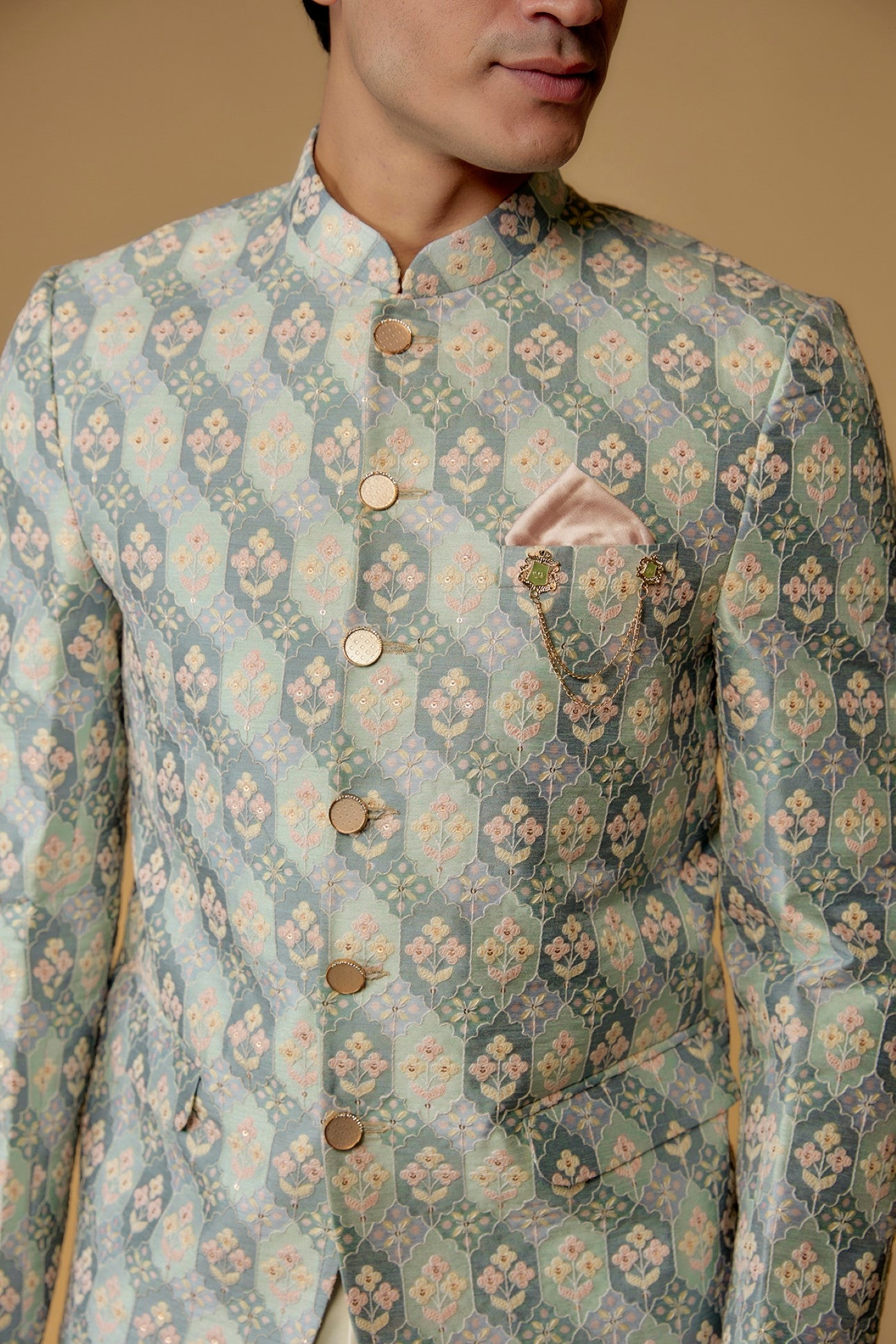 Sky Blue Silk Printed Jodhpuri Bandgala Set