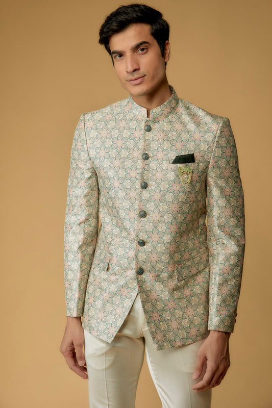 Sage Green Silk Printed Jodhpuri Bandgala Set