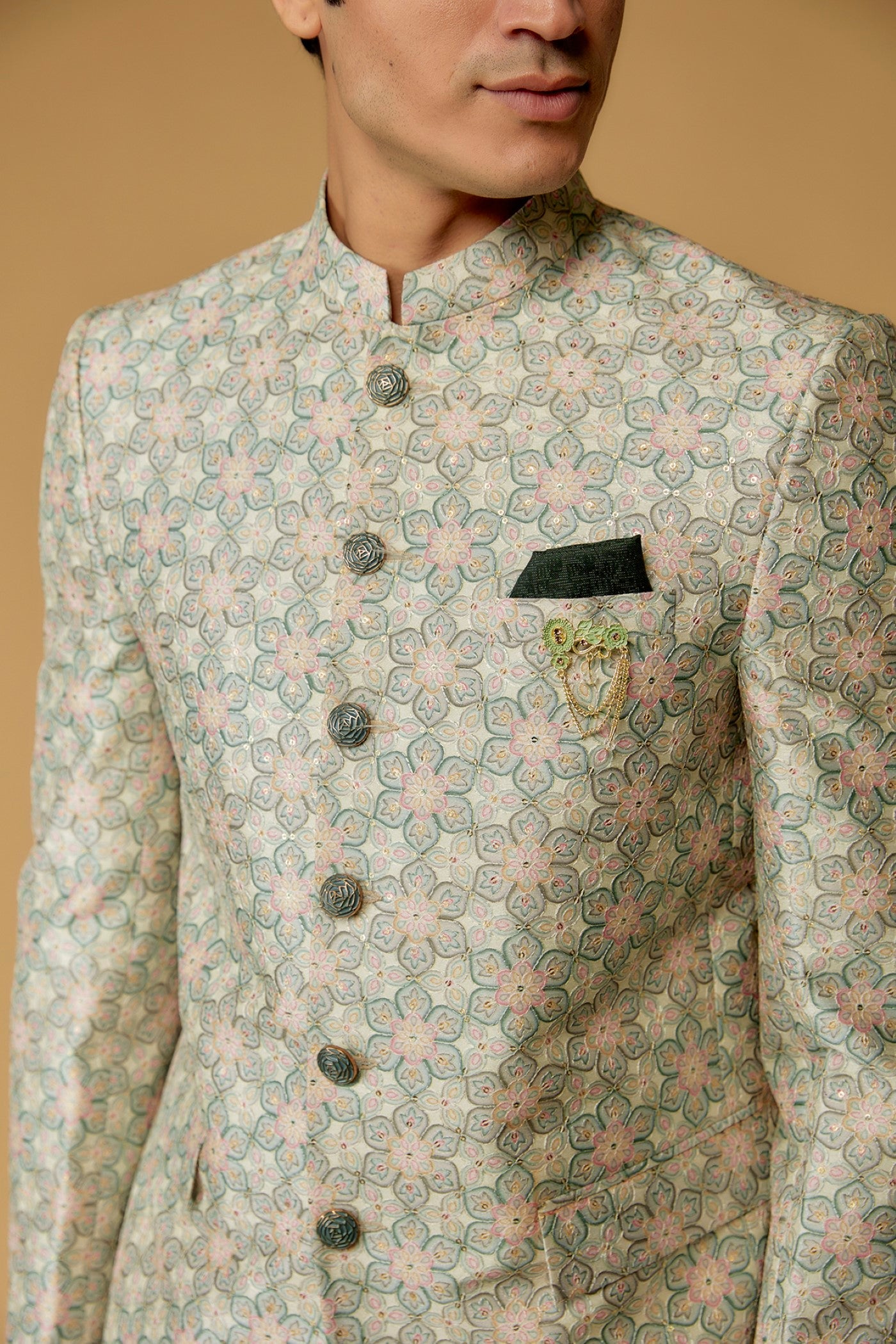 Sage Green Silk Printed Jodhpuri Bandgala Set
