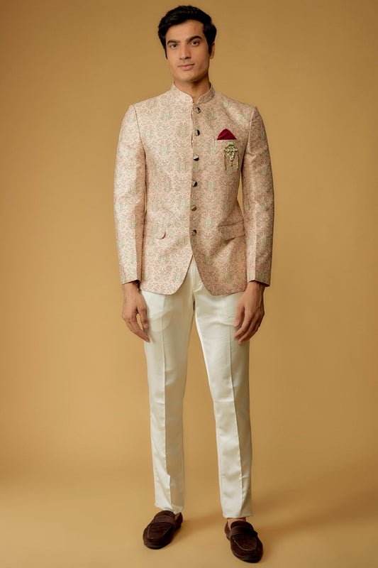 Peach Silk Printed Jodhpuri Bandgala Set