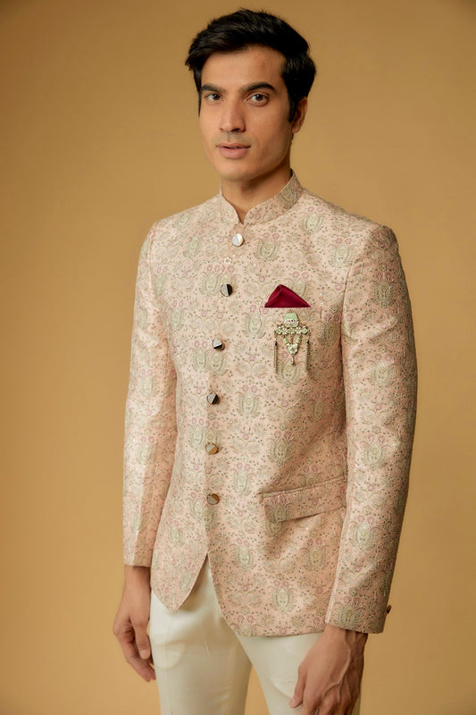 Peach Silk Printed Jodhpuri Bandgala Set