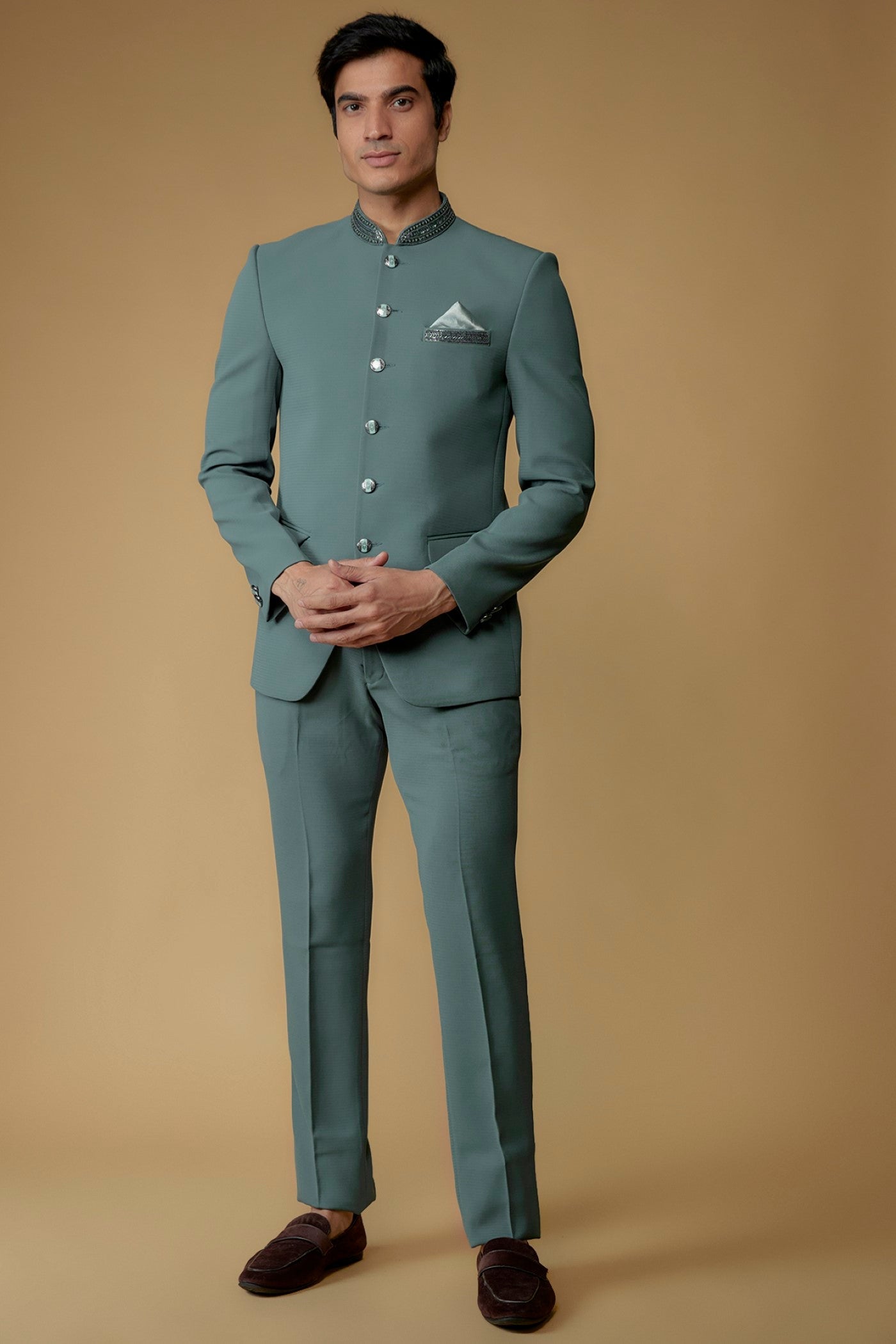 Teal Blue Japanese Suiting Fabric Bandgala Set