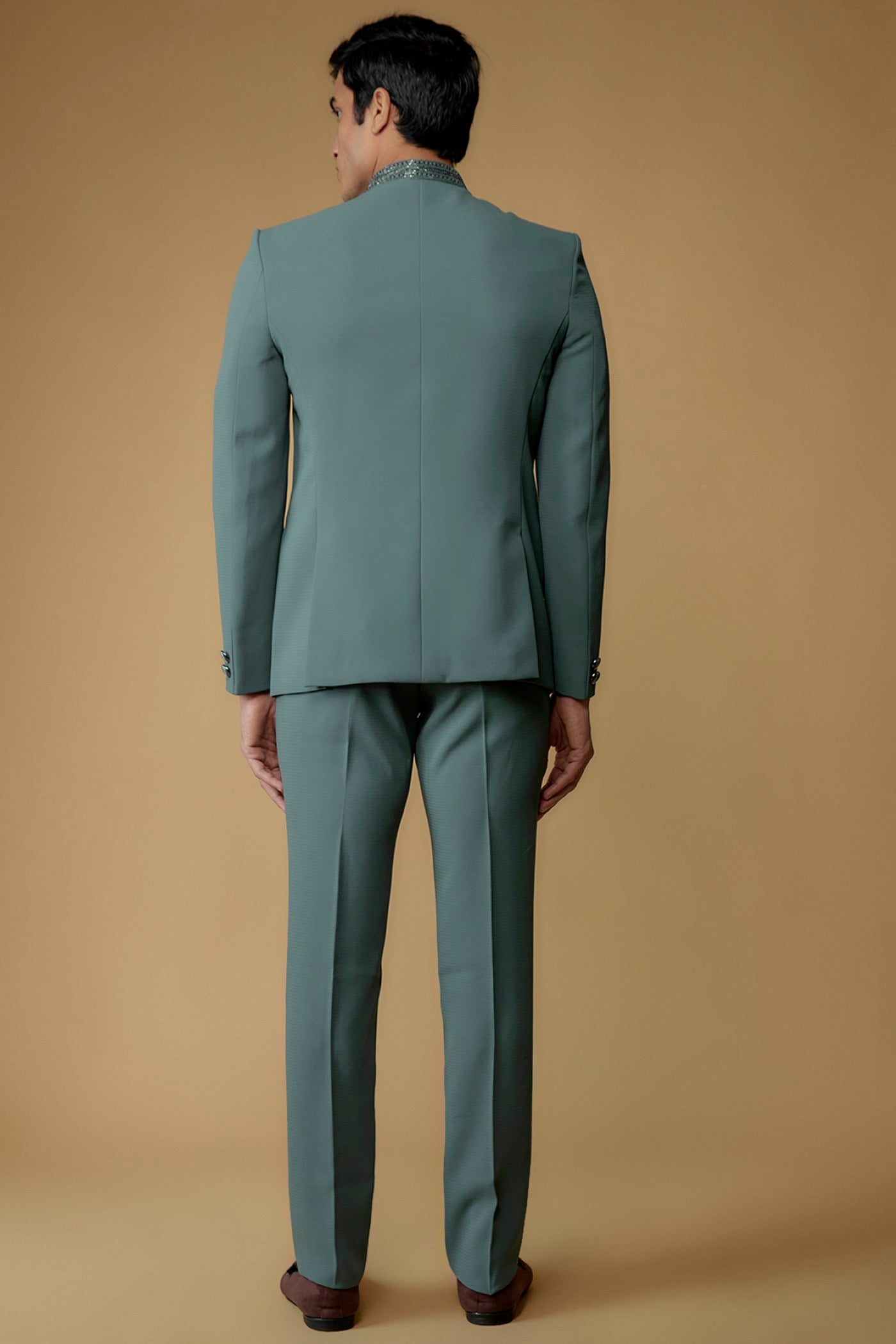Teal Blue Japanese Suiting Fabric Bandgala Set