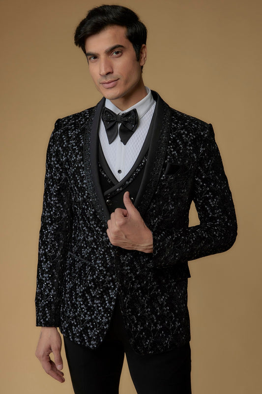 Black Velvet Thread Embroidered Tuxedo Set