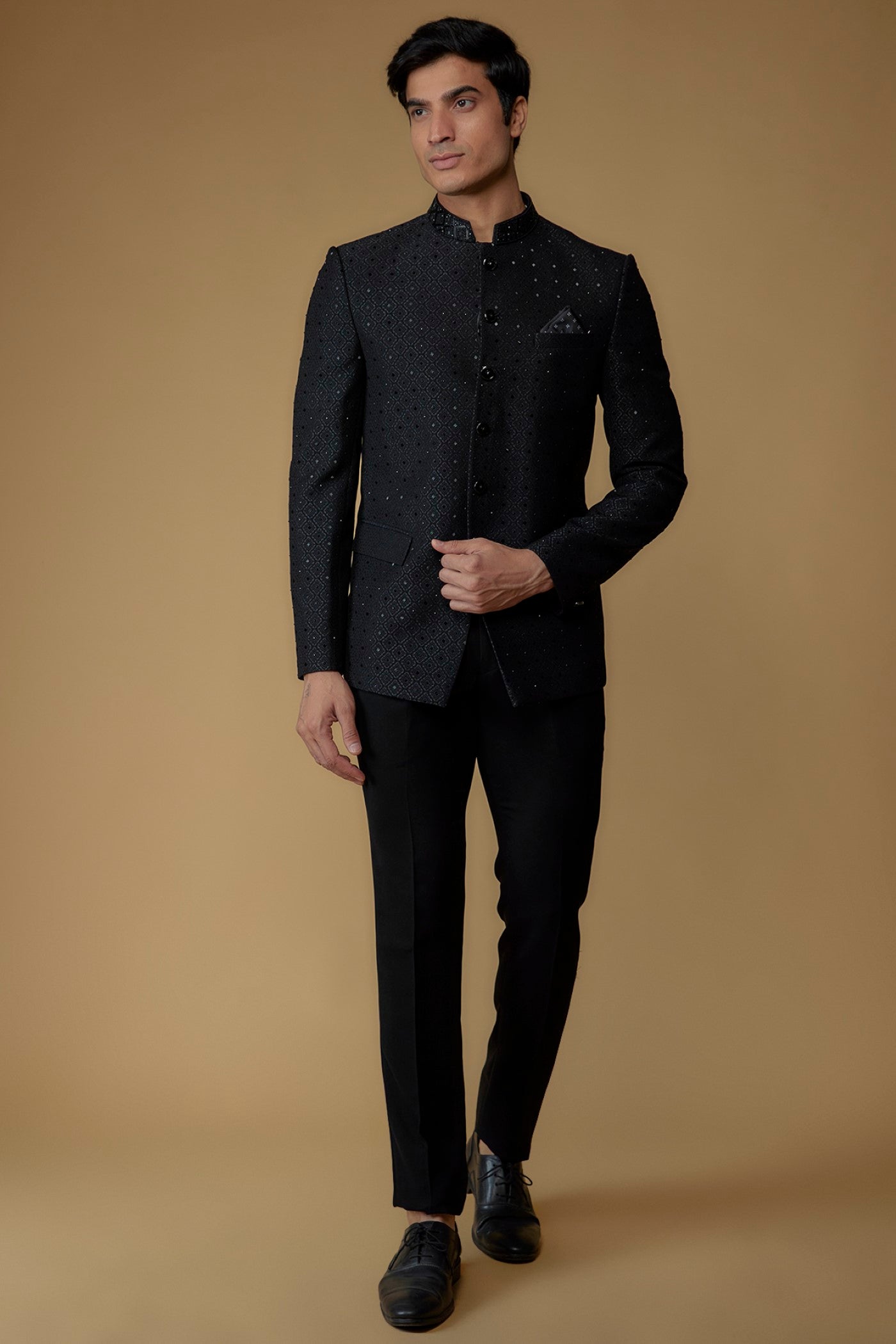 Onyx Black Imported Jacquard Cutdana Embroidered Bandhgala Set