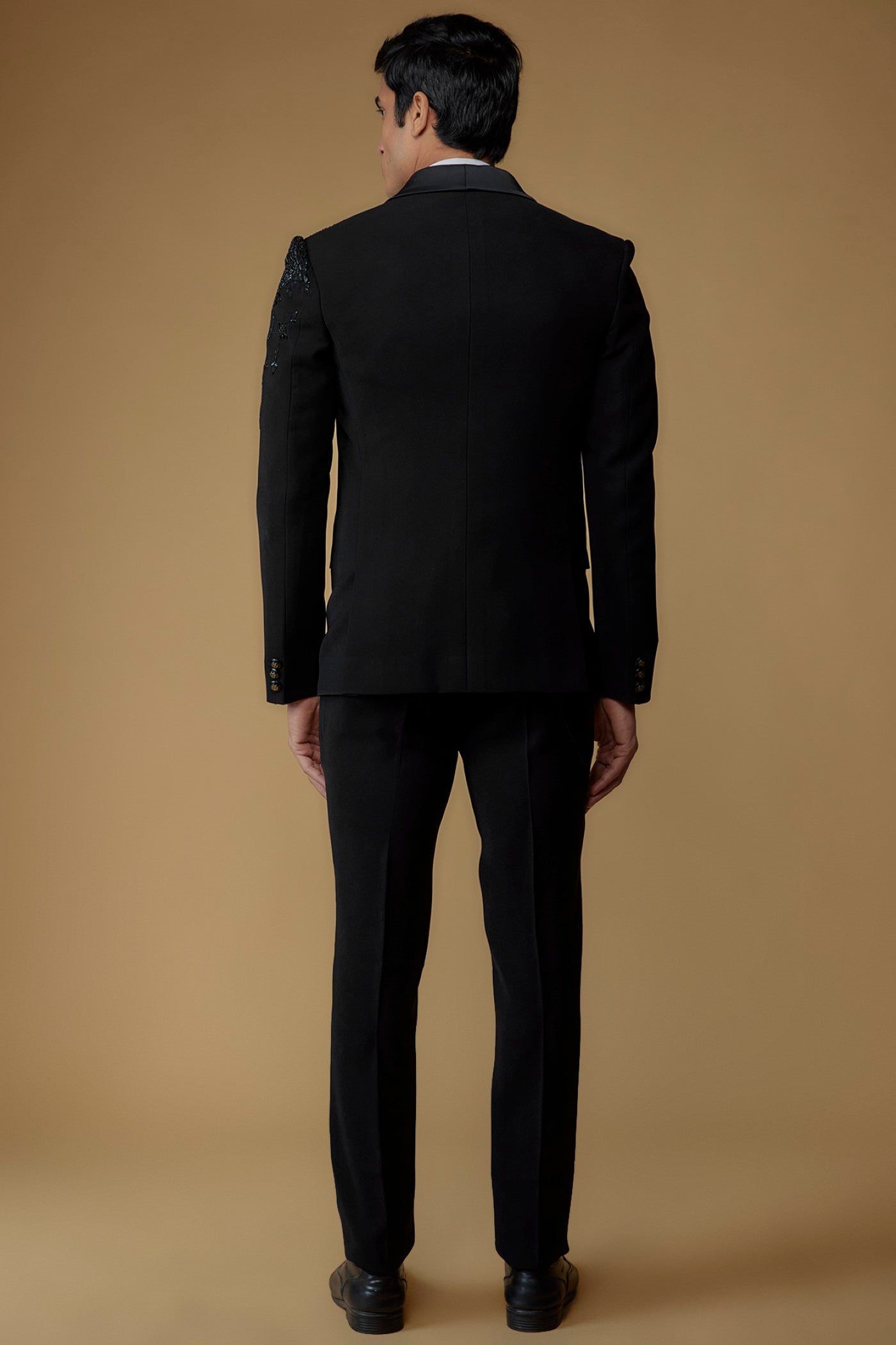 Jet Black Japanese Suiting Fabric Hand Embroidered Tuxedo Set