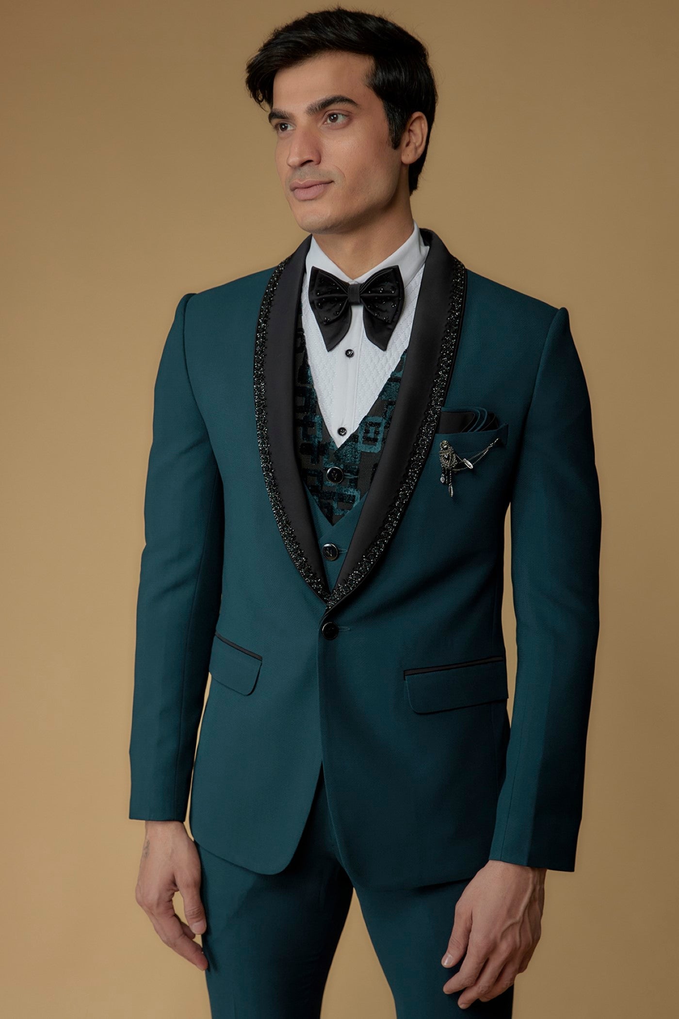 Navy Blue Japanese Suiting Hand Embroidered Tuxedo Set