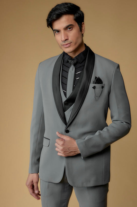Dusty Grey Japanese Suiting Hand Embroidered Tuxedo Set
