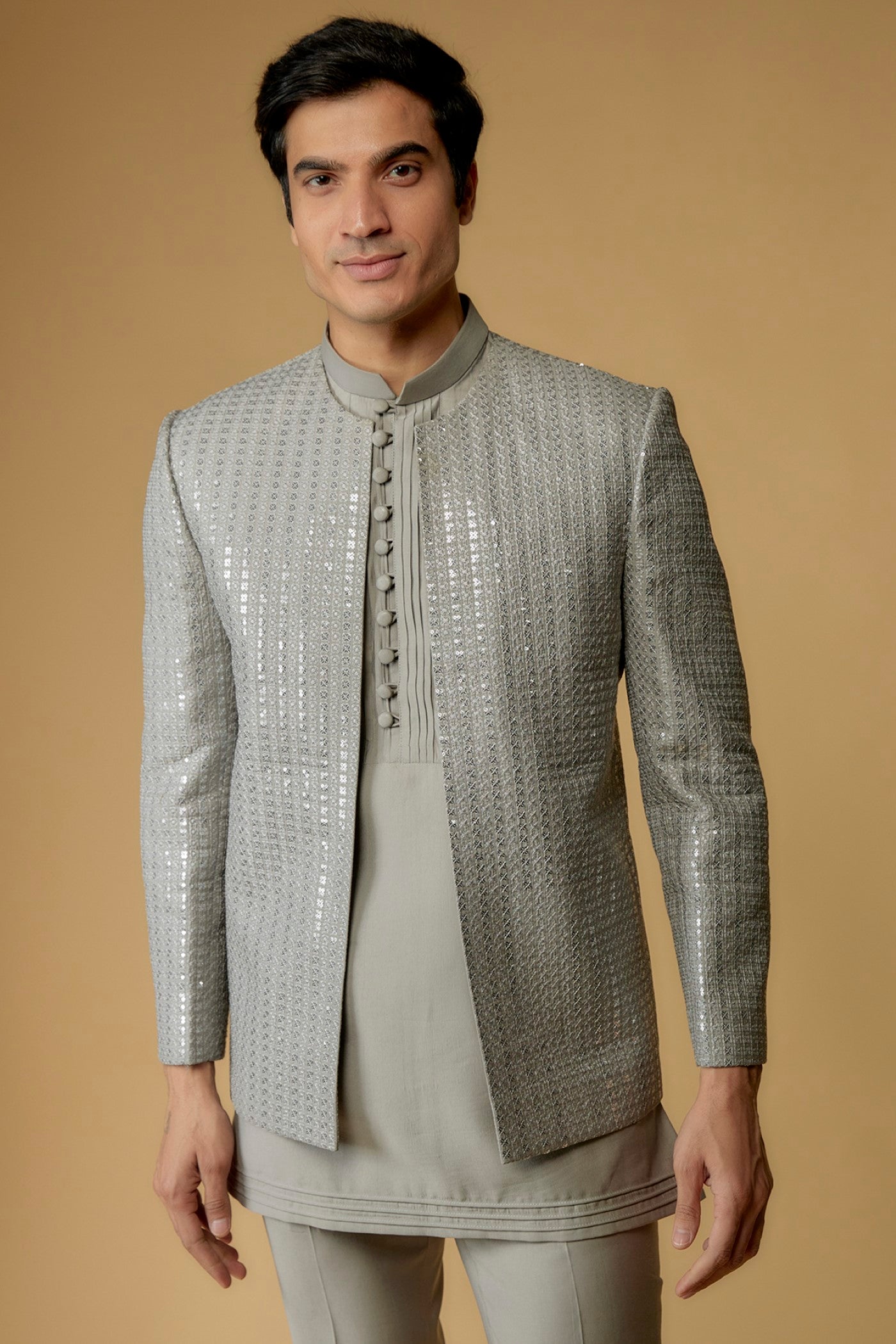 Fog Grey Silk Sequins Work Jodhpuri Set