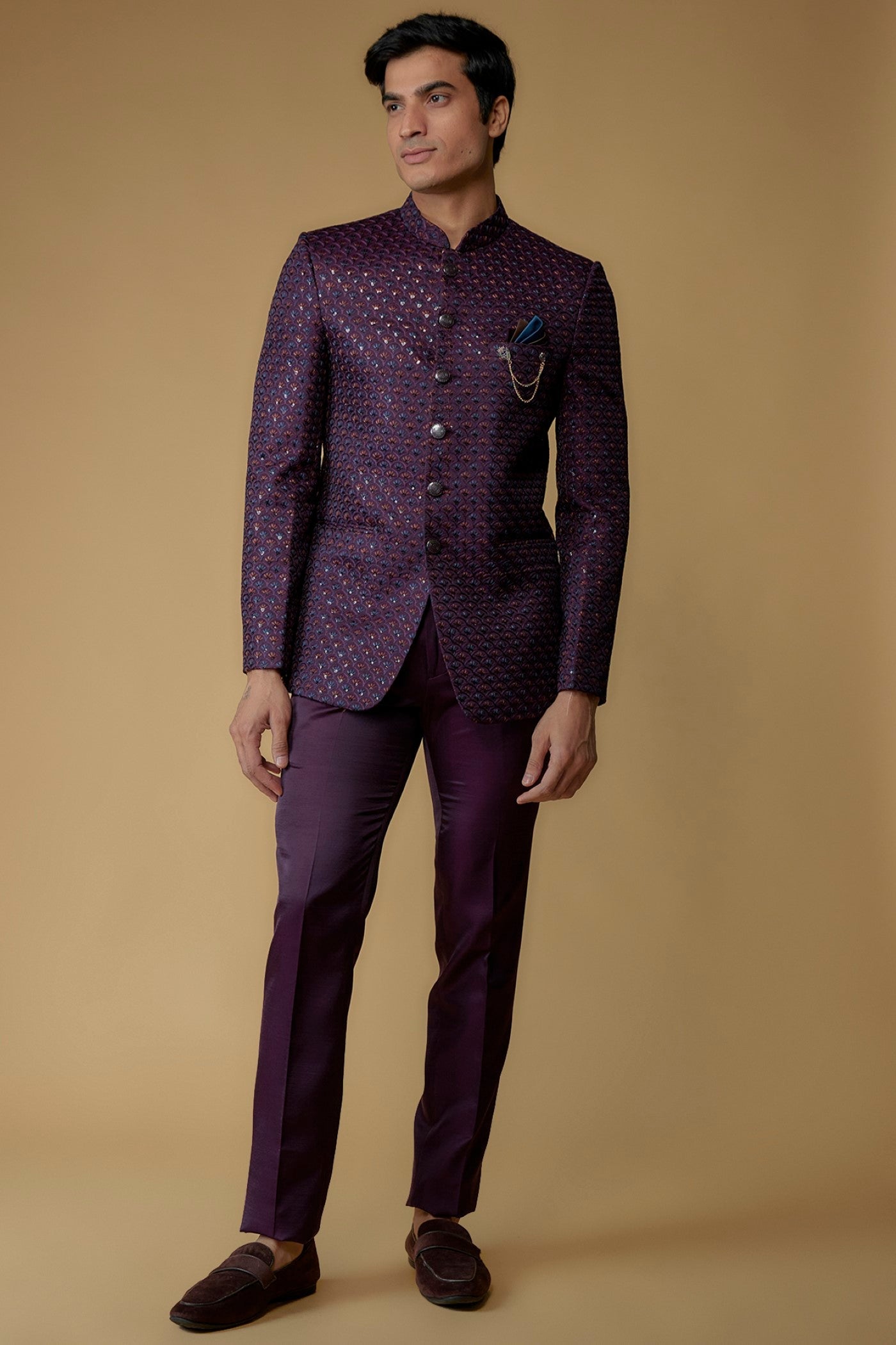 Grape Purple Silk Thread Embroidered Bandhgala Set